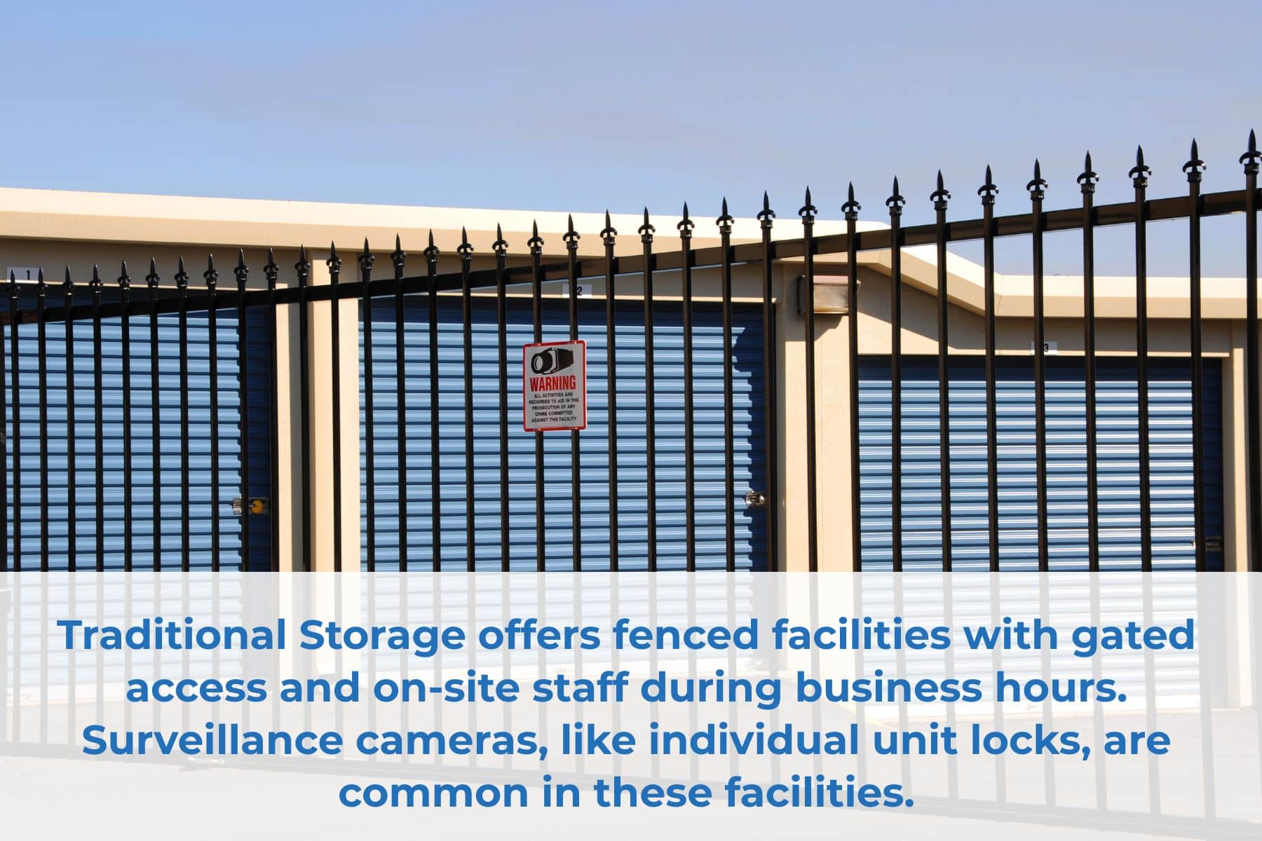 Traditional storage offers fenced facilities with gated access and on-site staff during business hours. Surveillance cameras, like individual unit locks, are common in these facilities.