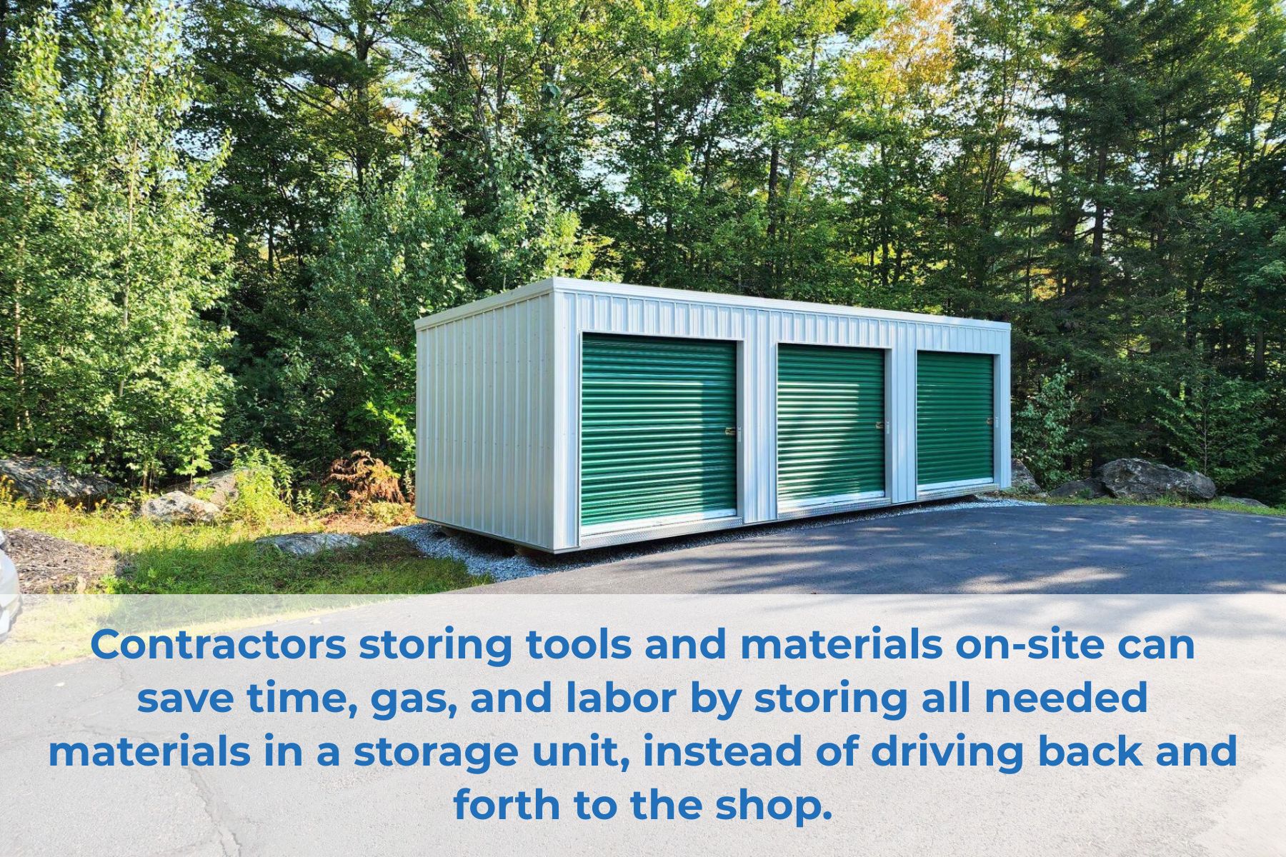 Contractors storing tools and materials on-site can save time, gas, and labor by storing all needed materials in a storage unit, instead of driving back and forth to the shop.